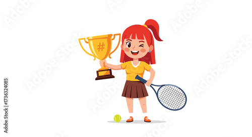 A happy young girl celebrates her tennis victory holding a golden trophy and racket.
