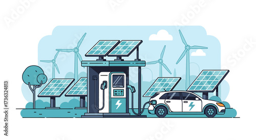 Illustration of an electric vehicle charging at a station powered by solar panels and wind turbines.