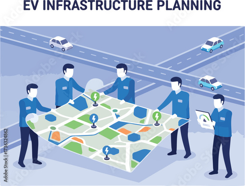 Electric Vehicle (EV) Charging Infrastructure Development Vector Illustration. Wide Landscape Engineers Planning Stations