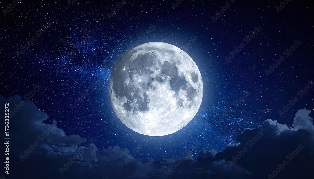 Fototapeta premium Full Moon Shines Brightly in a Dark Blue Starry Night Sky with Soft Clouds Celestial Lunar Scene Tranquil Atmospheric Photo