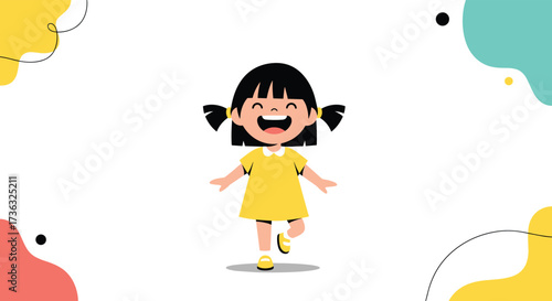 A joyful little girl in a bright yellow dress with pigtails happily dancing.