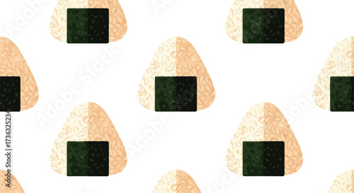 Pattern of delicious Japanese onigiri rice balls with nori seaweed, isolated on a white background, perfect for food-themed designs and culinary content
