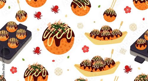 Delicious Japanese Takoyaki Balls Seamless Pattern with Culinary Ingredients and Cartoon Style Vector Background Graphic for Asian Food Designs
