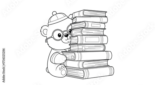 A cute cartoon bear wearing glasses and a hat peeking over a tall stack of books.