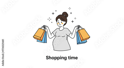 Pregnant woman happily holding shopping bags during her shopping time.