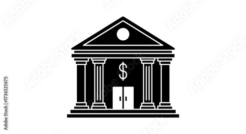 Black and White Bank Building Silhouette with Dollar Sign.