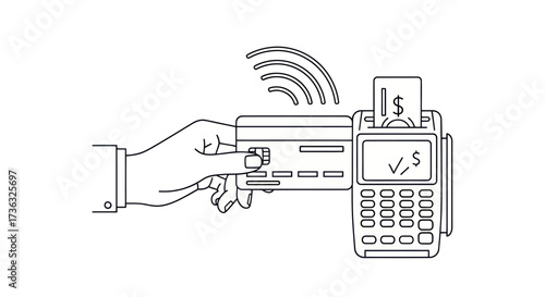 Hand holding credit card for contactless payment at terminal.