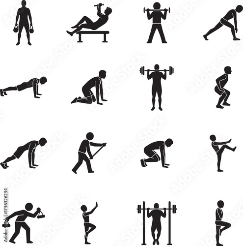 Fitness Exercise and Yoga Poses Silhouette Icon Set