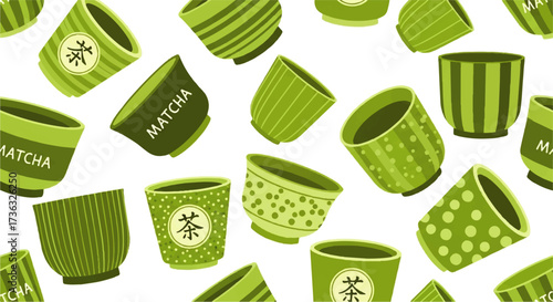 Seamless vector pattern of various Japanese matcha green tea cups. A repeating background illustration for a healthy beverage concept