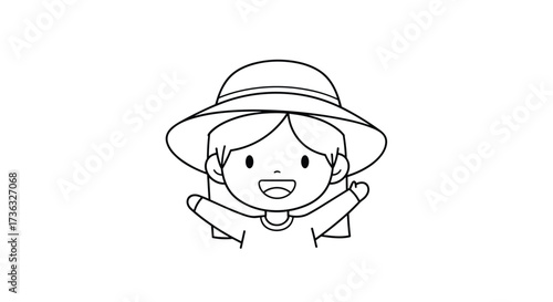 A happy little child wearing a hat and raising their arms in delight.