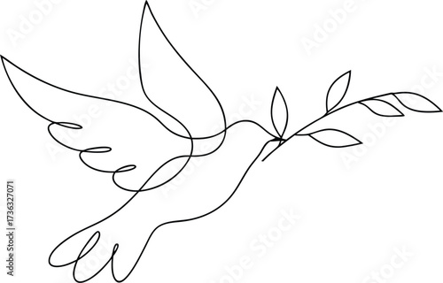 Minimalist Continous line drawing line art dove with olive branch bird peace