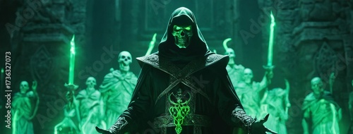 Necromancer Overlord Summoning Undead Horde with Green Energy – Cinematic Fantasy Illustration