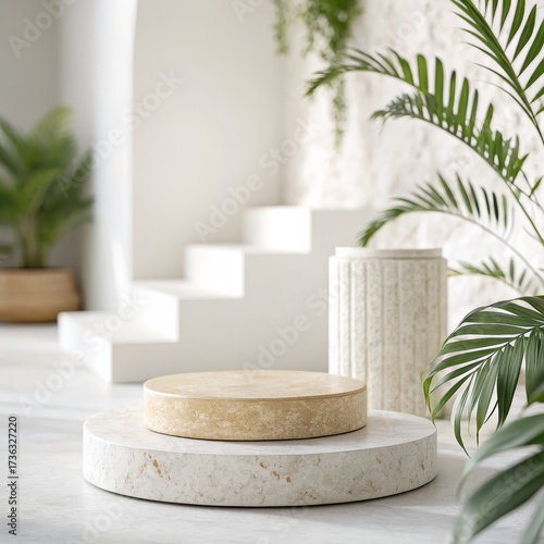 Minimalist Scene with Beige and Marble Pedestal,Staircase and Plants , Product , Backgrounds