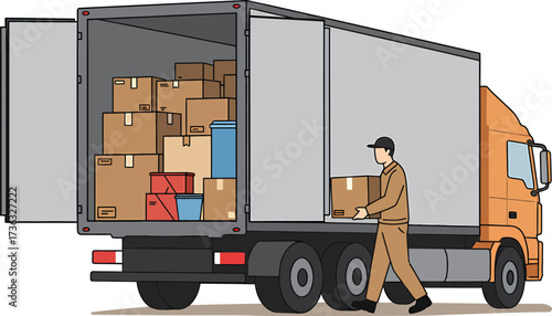 Delivery driver loading boxes into a large cargo truck.