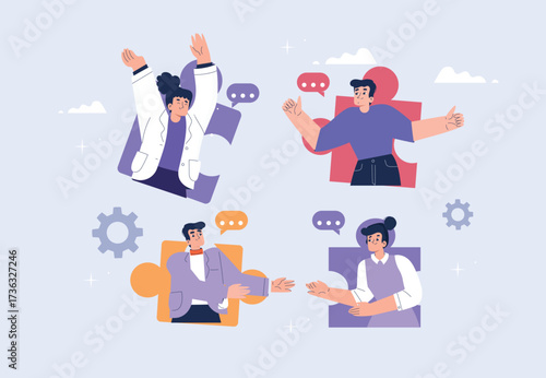 Business Teamwork concept.  flat vector illustration depicting a diverse, dynamic group of professionals  in a business discussion .