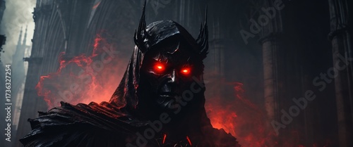 Shadow Overlord Surrounded by Black Fire in Gothic Cathedral Ruins – Dark Fantasy Concept Art