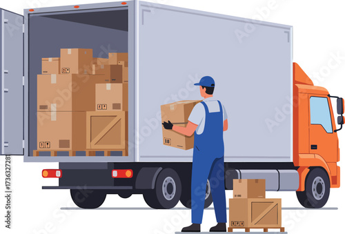 Delivery worker loading boxes into a moving truck.