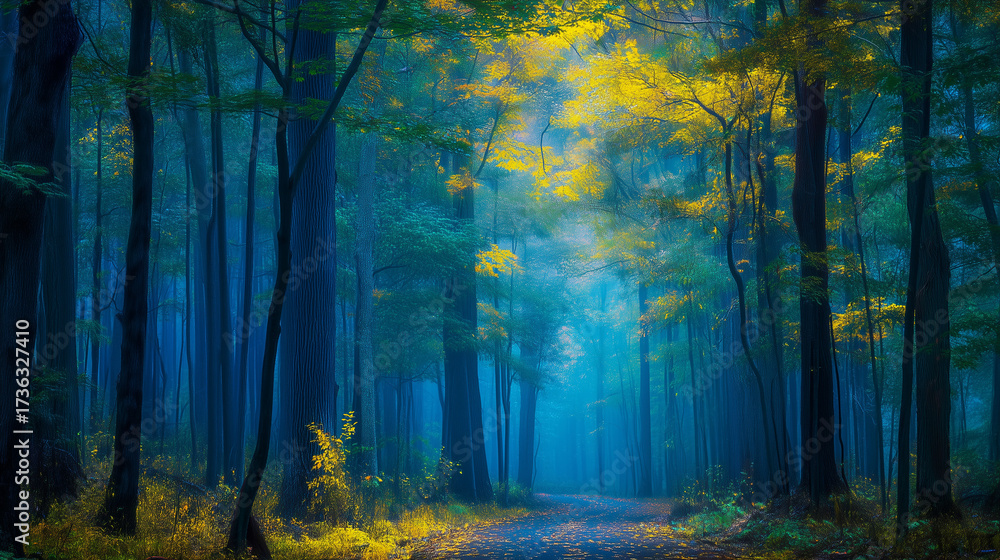 Fototapeta premium Game scene magic forest background, blue yellow light misty path, digital painting environment