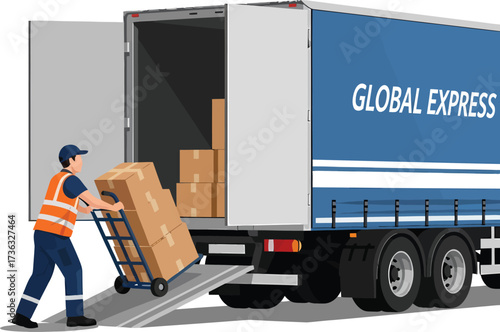Delivery worker loading boxes onto a Global Express truck.