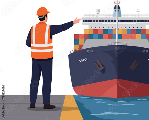 Dockworker directing a large cargo ship at the port.