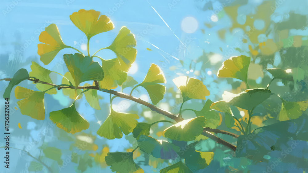 Obraz premium Start of Autumn solar term ginkgo leaves green leaves sunshine fresh nature background