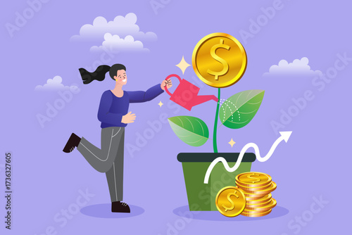 Financial growth and investment concept. A happy woman is watering a money plant that is growing a gold dollar coin, representing a successful savings plan, profit, and a long-term strategy.