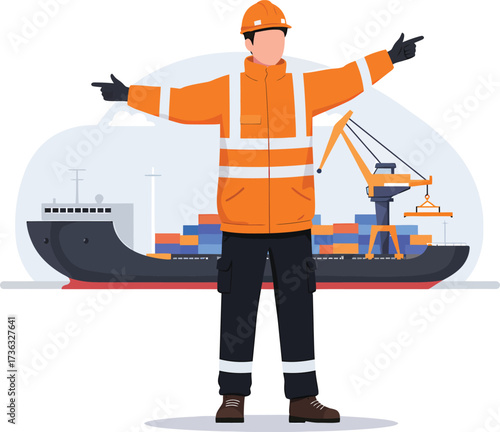 Dockworker directing operations with cargo ship and crane.
