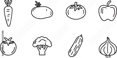 set of simple line art icons, vegetables carrot, tomato, cucumber, pepper, broccoli, potato, onion, leaf. vector illustration in black on a white background