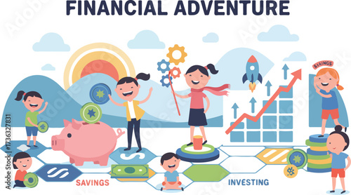 Financial Literacy for Kids Education Vector Illustration. Wide Landscape Children Learning Saving and Investing