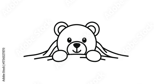 A cute cartoon teddy bear peeking over a blanket.