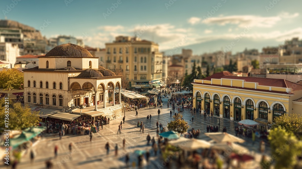 Fototapeta premium In a lively plaza, people browse the market with colorful stalls and historic buildings. The bustling market and surrounding buildings invite both locals and tourists.