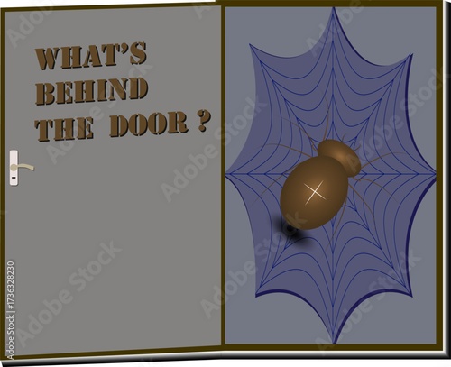 Behind the Door . Vector illustration of an open door with a handle and the words “What’s behind the door?” on it. A spider web is stretched across the doorway with a spider sitting in the middle. Mys