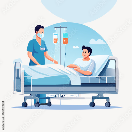 A male nurse wearing a face mask tends to a male patient resting in a hospital bed with an intravenous drip stand nearby.