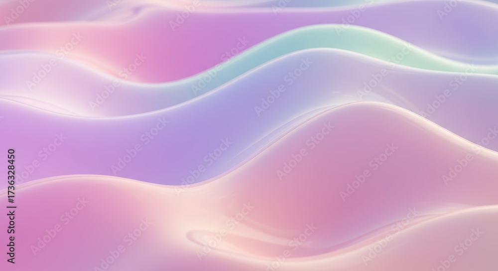 Fototapeta premium Displaying a soft, abstract rendering of fluid, gently undulating waves in pastel color gradients.