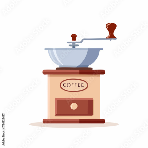 Vintage wooden coffee grinder with coffee beans isolated on white background