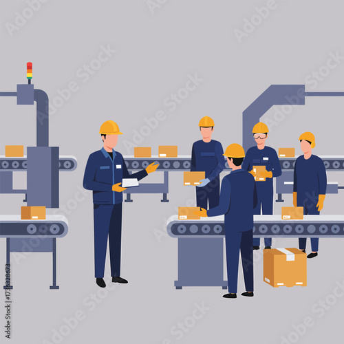Factory workers operating a conveyor belt with boxes.