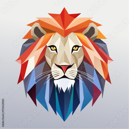 A majestic lion's head rendered in a modern, colorful, low-poly geometric style against a light background.