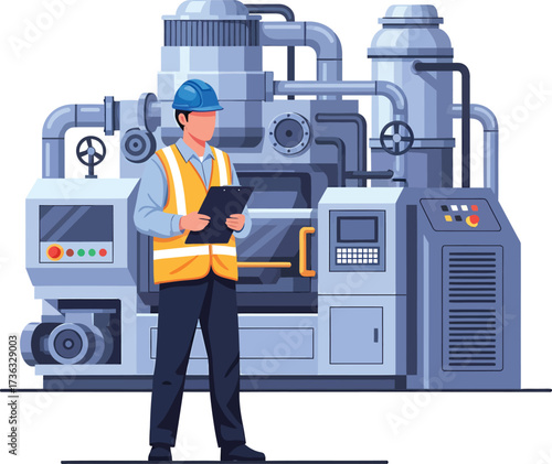 Industrial worker in hard hat inspecting complex machinery with clipboard.