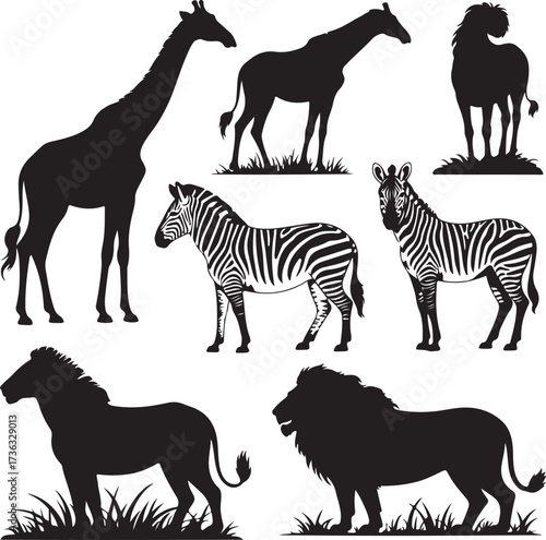 Giraffes zebras lions standing on grass savanna wildlife