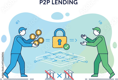 Fintech Peer-to-Peer Lending Platform Vector Illustration. Wide Landscape Individuals Exchanging Funds