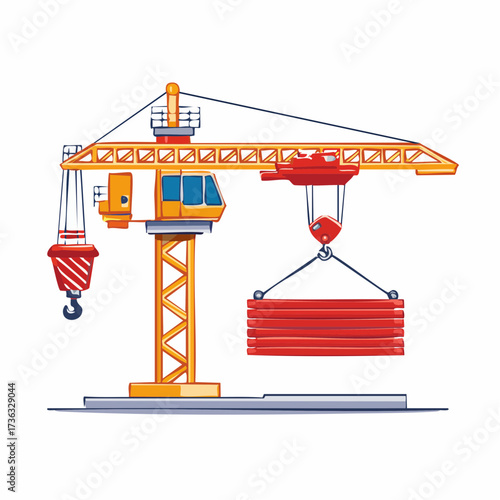 A yellow tower crane lifting a heavy red cargo load, depicted in a detailed cartoon vector illustration style.