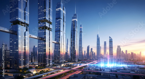 Cityscape of modern skyscrapers and infrastructure