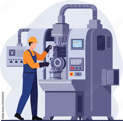 Industrial worker operating a complex manufacturing machine with digital display.