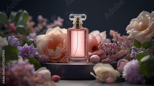 Photorealistic luxury perfume concept with a glass bottle centered on a pedestal, surrounded by blooming pastel flowers and soft green leaves. Elegant cinematic lighting creates a refined, dreamy, and