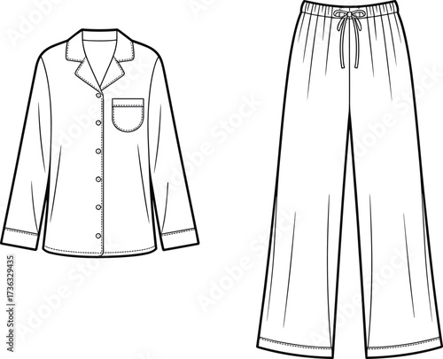 CAD drawing flat vector, pajama set illustration, sleepwear fashion sketch, nightwear design template, clothing technical sketch, apparel flat drawing