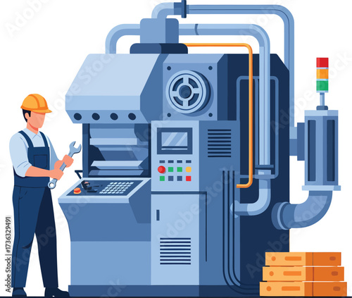 Industrial worker with heavy machinery and tools.