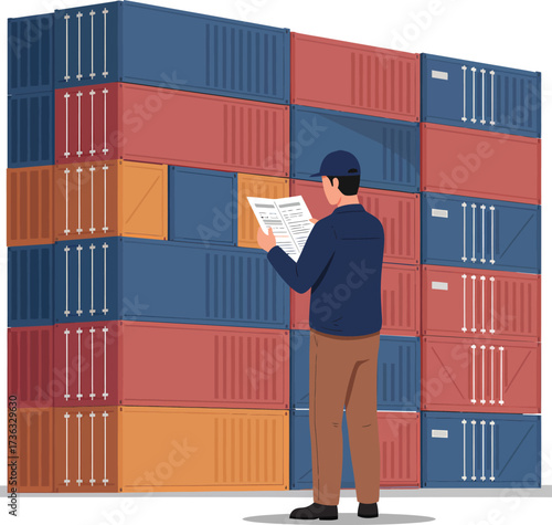 Man in Cap Reading Document Amidst Stacked Shipping Containers.
