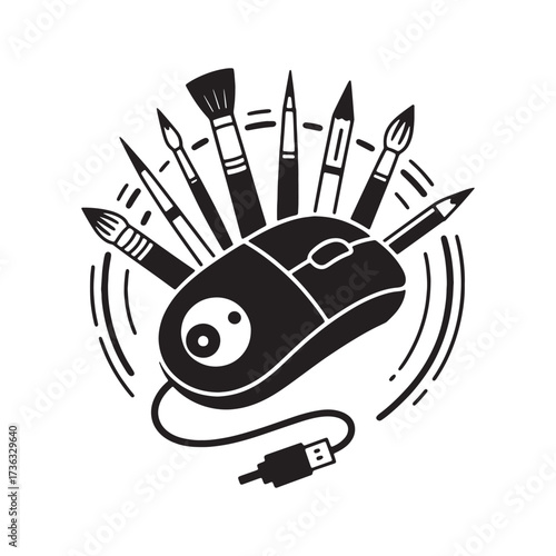 A Creative Fusion Computer Mouse Surrounded by Artistic Tools A Modern Take on Digital Artistry