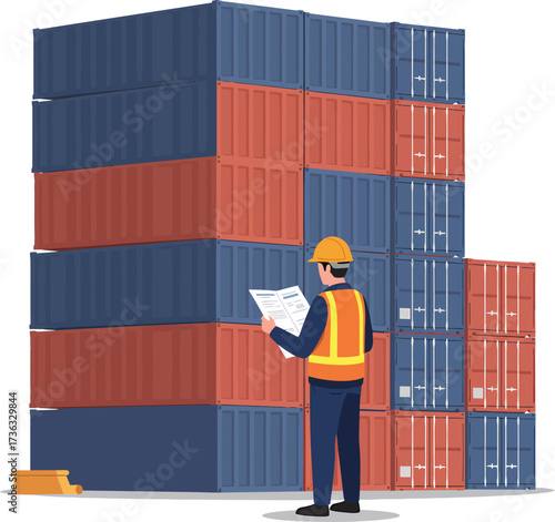 Man in Hard Hat and Vest Inspecting Stacked Shipping Containers.