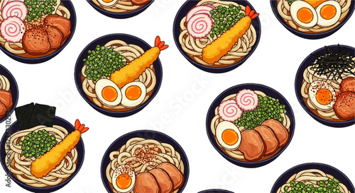 A delicious and colorful collection of illustrated Japanese ramen noodle bowls creating a seamless pattern, perfect for food-related backgrounds and designs